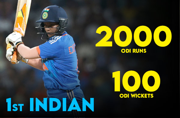 Deepti Sharma becomes the first Indian to complete 2000 ODI runs and 100 ODI wickets