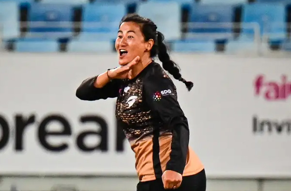 Nepal's Sita Rana Magar does 'Pushpa' Celebration after picking a wicket. PC: ACC