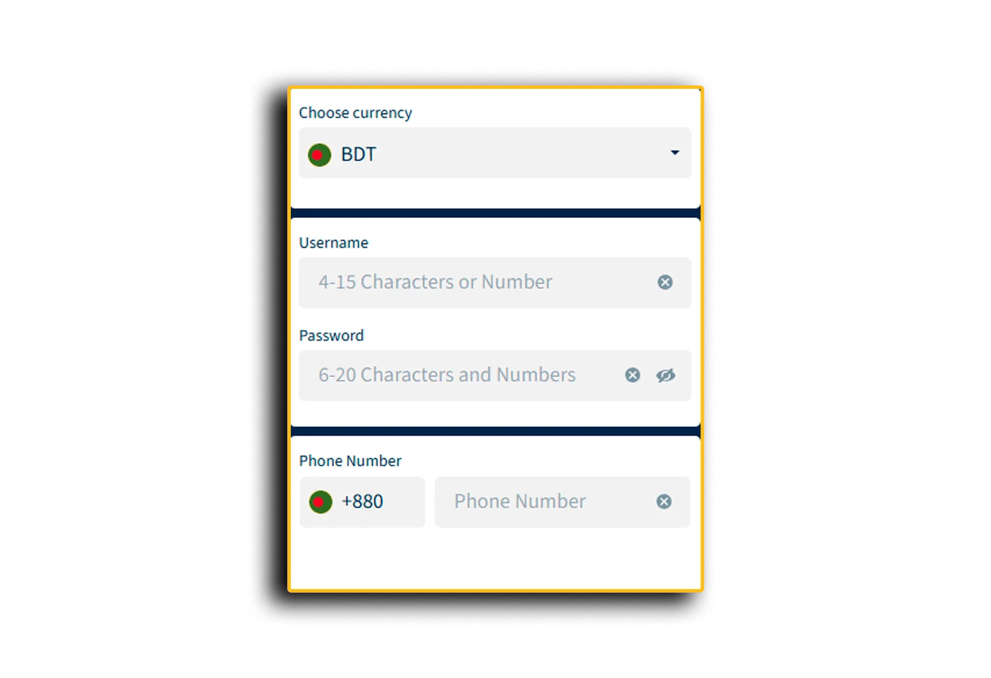 Field for entering data for registration